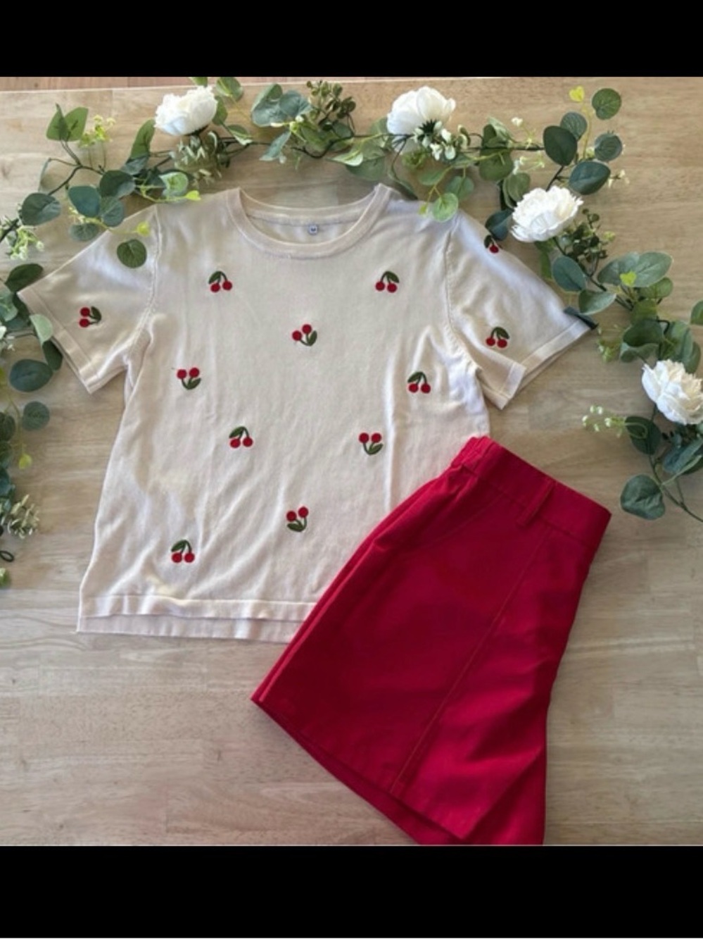Cream Short Sleeve Top with Cherry Embroidery